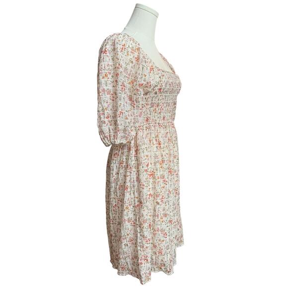 Rails Geena Ambrosia Smocked Puff Sleeve Mini Dress Size Small Cream/Pink Color - Picture 7 of 11